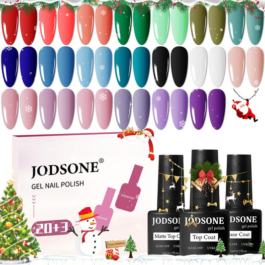 JODSONE Gel Nail Set 20+3 Colors High Shine Gorgeous Gel Polish Base Top Matte Coat Nice Gifts Show Charm