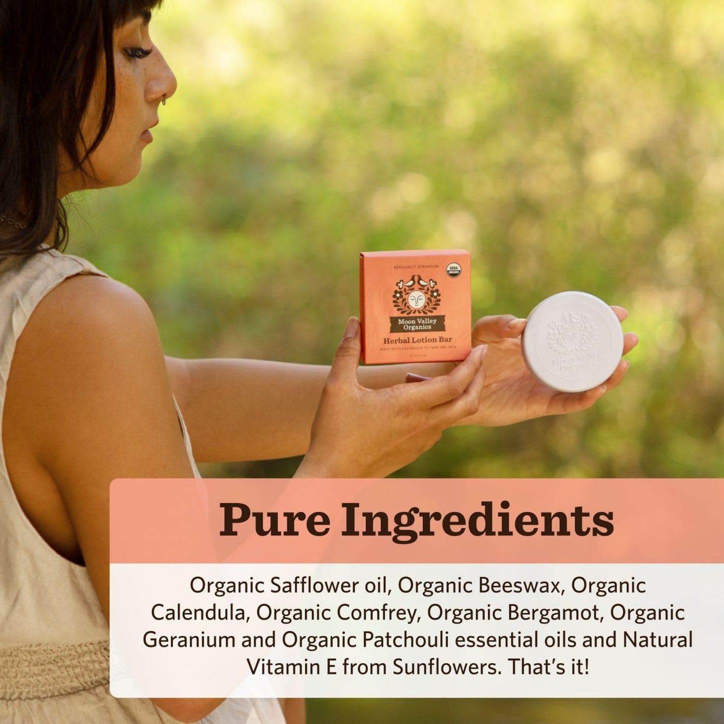 Moon Valley Organics Herbal Lotion Bar in Bergamot Geranium, Moon Melt Bar, Calendula and Comfrey, Beeswax, Heal and Restore Chapped Skin, Soothing