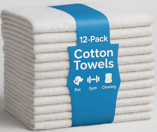 JMR 12 Pack Thin 100% Cotton Utility Towels (22x44 White) - Quick-Dry, Lightweight & Economical for Pets, Gym, Cleaning, Kitchen, Travel, Hair, Auto - Practical Multi-Use Space Saver, Bulk Value