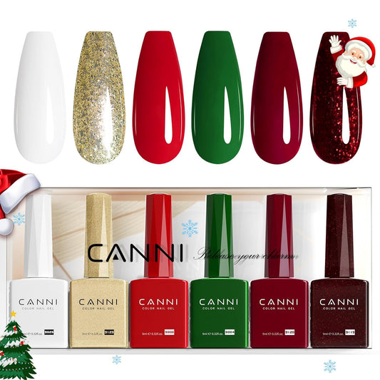 CANNI 6Pcs 9ml Gel Nail Polish Set- White Glitter Gold Emerald Green Burgundy Red Gel Polish Kit Christmas Colors DIY at Home Salon New Year's Gifts for Girls