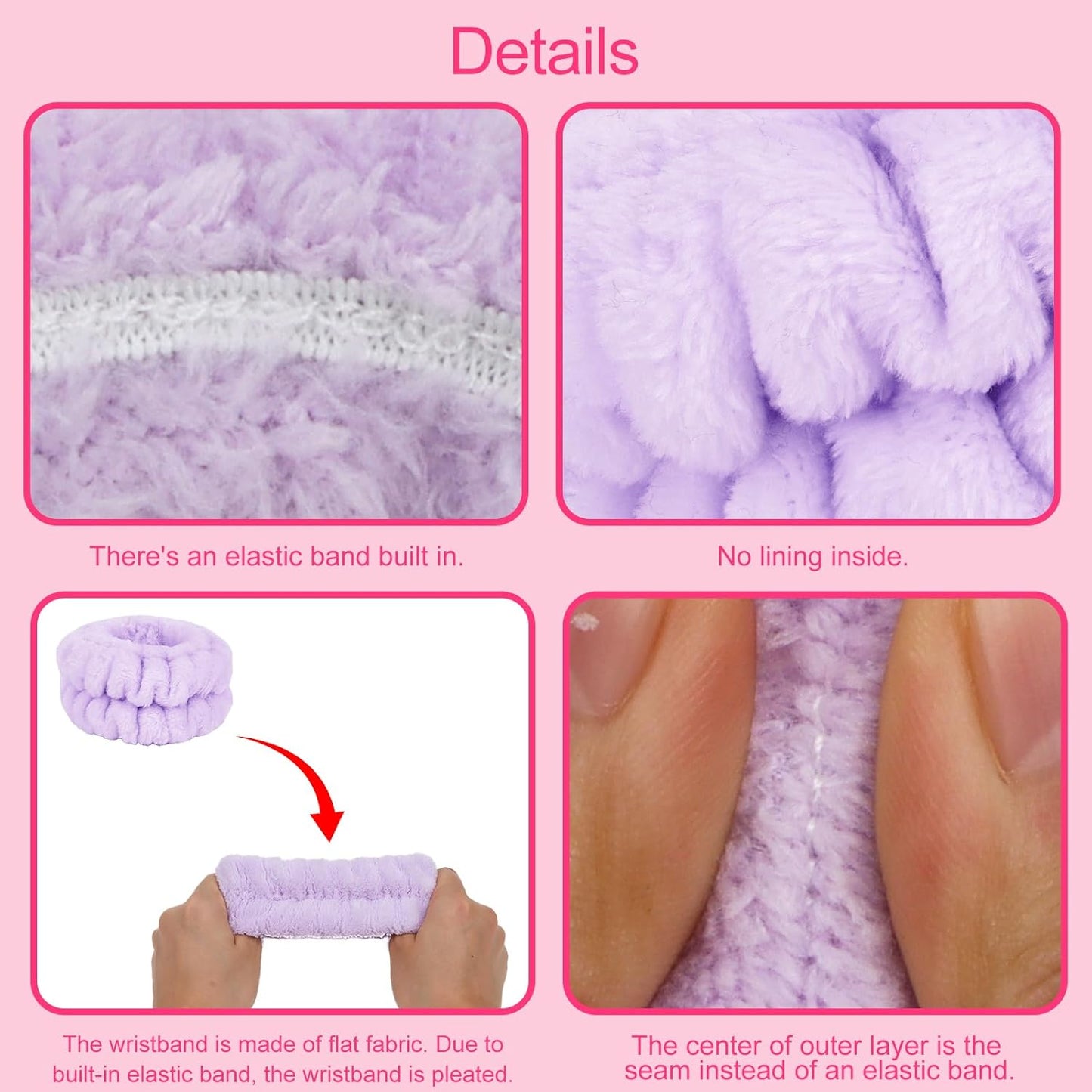 Wecoe Pink Purple Spa Headband And Wristband Set Skincare Headband For Washing Face Hair Claw Clips For Thick Hair Cute Puffy Sponge Bubble Makeup Head Band Wrist Towels Scrunchies For Women Girls