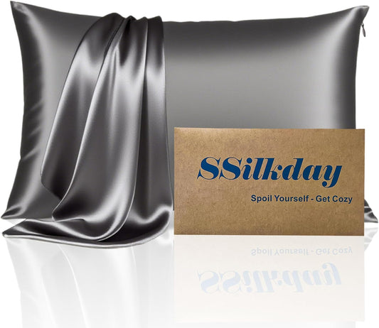 Mulberry Silk Pillow Cases with Zipper, Ultra Smooth Soft Breathable Cooling Pillow Cases for Hot Sleepers, Silk Satin Pillowcase for Hair and Skin, Gifts for Women (Dark Grey, Queen Size, 1 Pack)