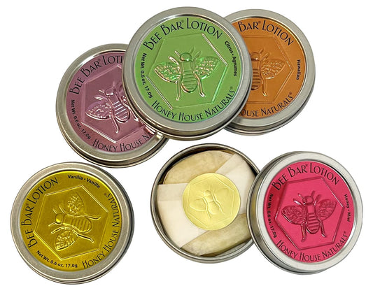 Honey House Naturals Bee Bar Gift Set – Small Bee Bar .6 ounces – All-Natural Ultra Moisturizing Lotion Bar Infused with Essential Oils and Butters – 5 Piece Set
