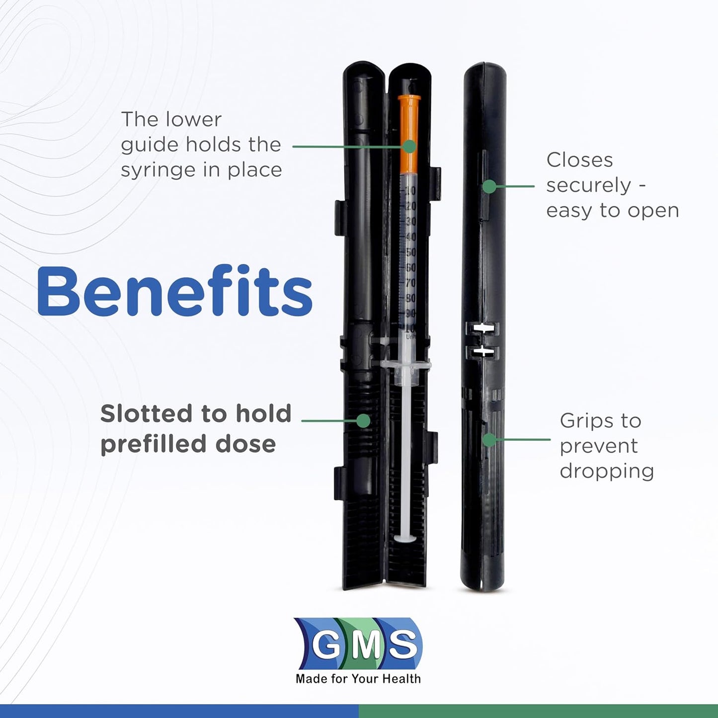 GMS 100 Unit Syringe Case - Holds New, Used & Prefilled Syringes with Needles, Small & Discreet, Ideal for Travel - 2-Pack - Black