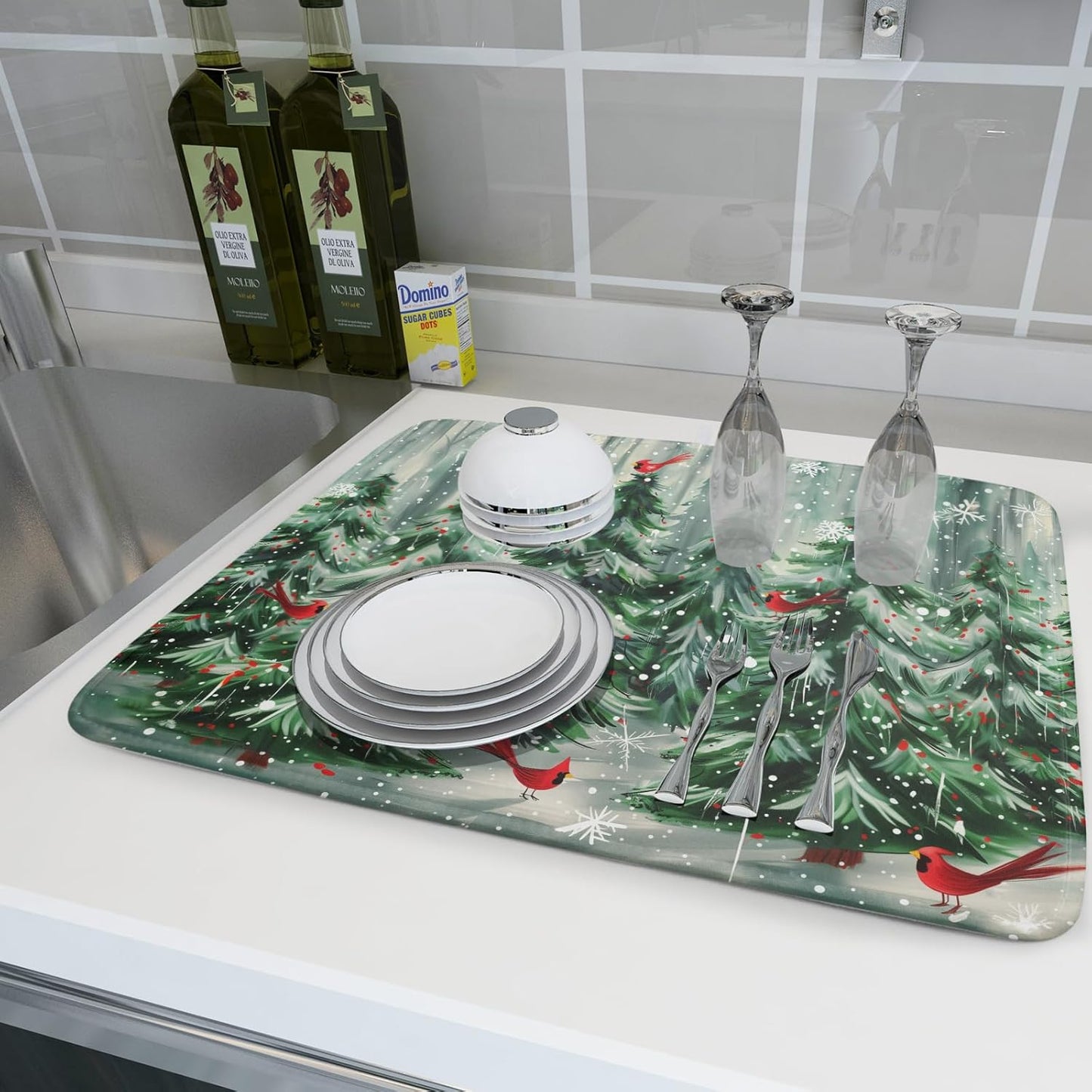 Winter Pine Tree Dish Drying Mat Red Bird Berry Dishes Drainer Mats Absorbent Microfiber Kitchen Counter Protector Drying Mats 18x24 Inch