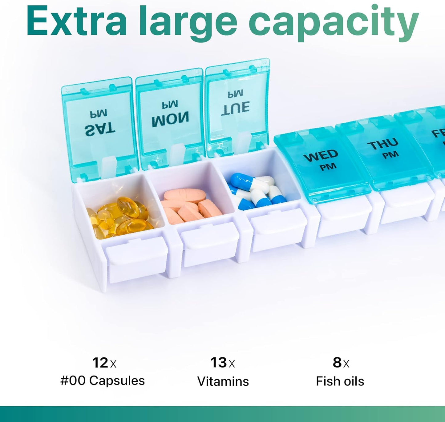 Sukuos AM PM Weekly 7 Day Pill Organizer, 2 Times A Day Pill Box with Arthritis Friendly Push Button, Medicine Cases for Vitamin/Fish Oil/Supplements, Easy to Clean (Cyan&Blue)