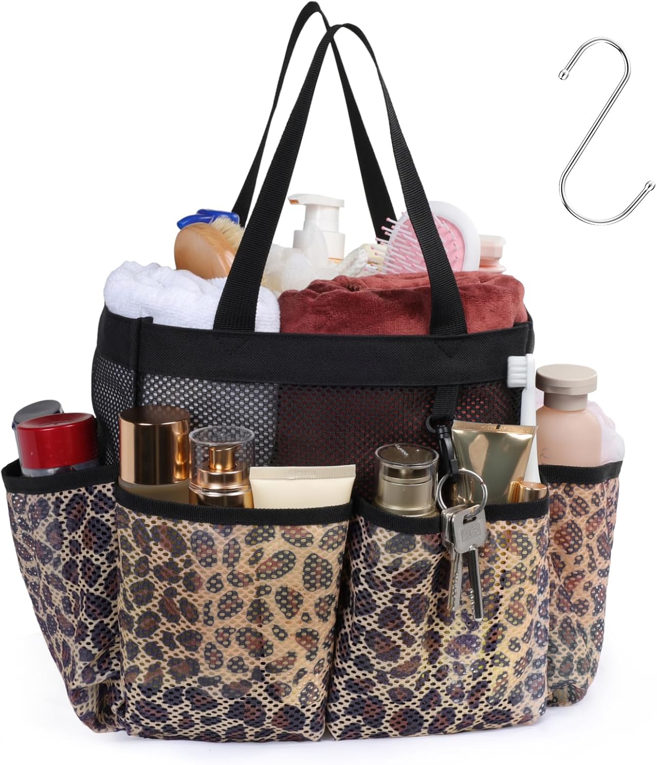 F-color Shower Caddy Portable - Mesh Shower Bag Basket Tote for College Dorm Room Essentials Bathroom Gym Camp Quick Dry for Women Men with S Hook, Leopard