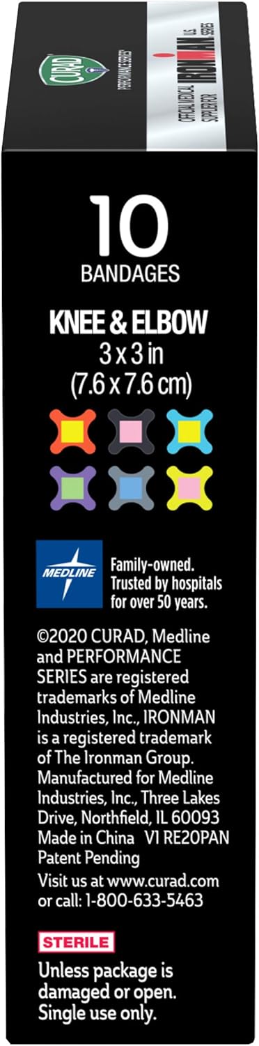 CURAD Performance Series IRONMAN Antibacterial Bandages, Extreme Hold Adhesive Technology, Knee & Elbow 3 inches x 3 inches, 10 Count, Ideal for Cuts, Scrapes, Sports, and Active Lifestyles
