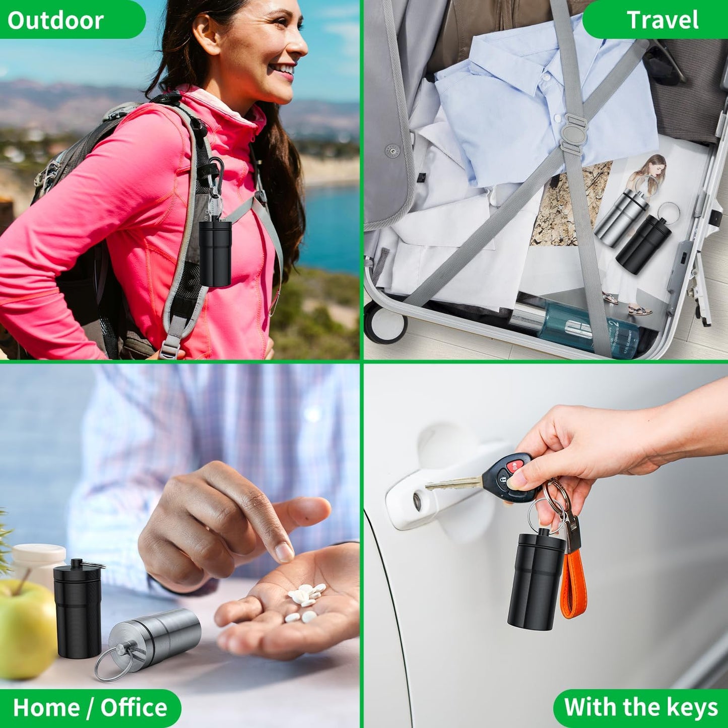 Portable Pill Case Keychain (2 Pack), Waterproof Aluminum Pill Box for Round Glucose Tablets & Critical Medicine, Small Pill Holder Travel Pill Container Bottle with Carabiners