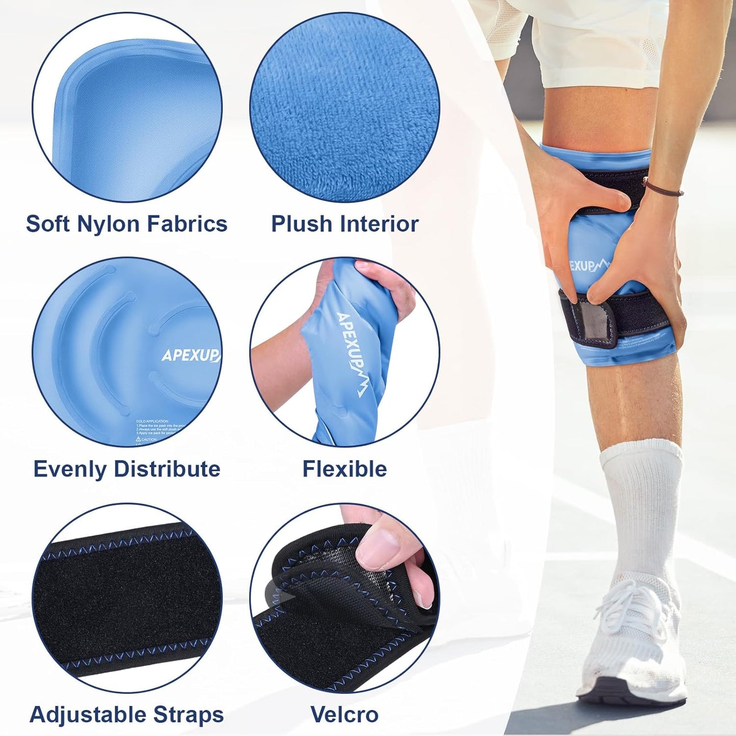 APEXUP Ice Pack for Knee Pain Relief, Large Reusable Wrap After Surgery, Flexible Gel Cold Pack for Injuries, Pain Relief for Back, Shoulder, Elbow, Ankle and Leg (Blue, L, 1PK)