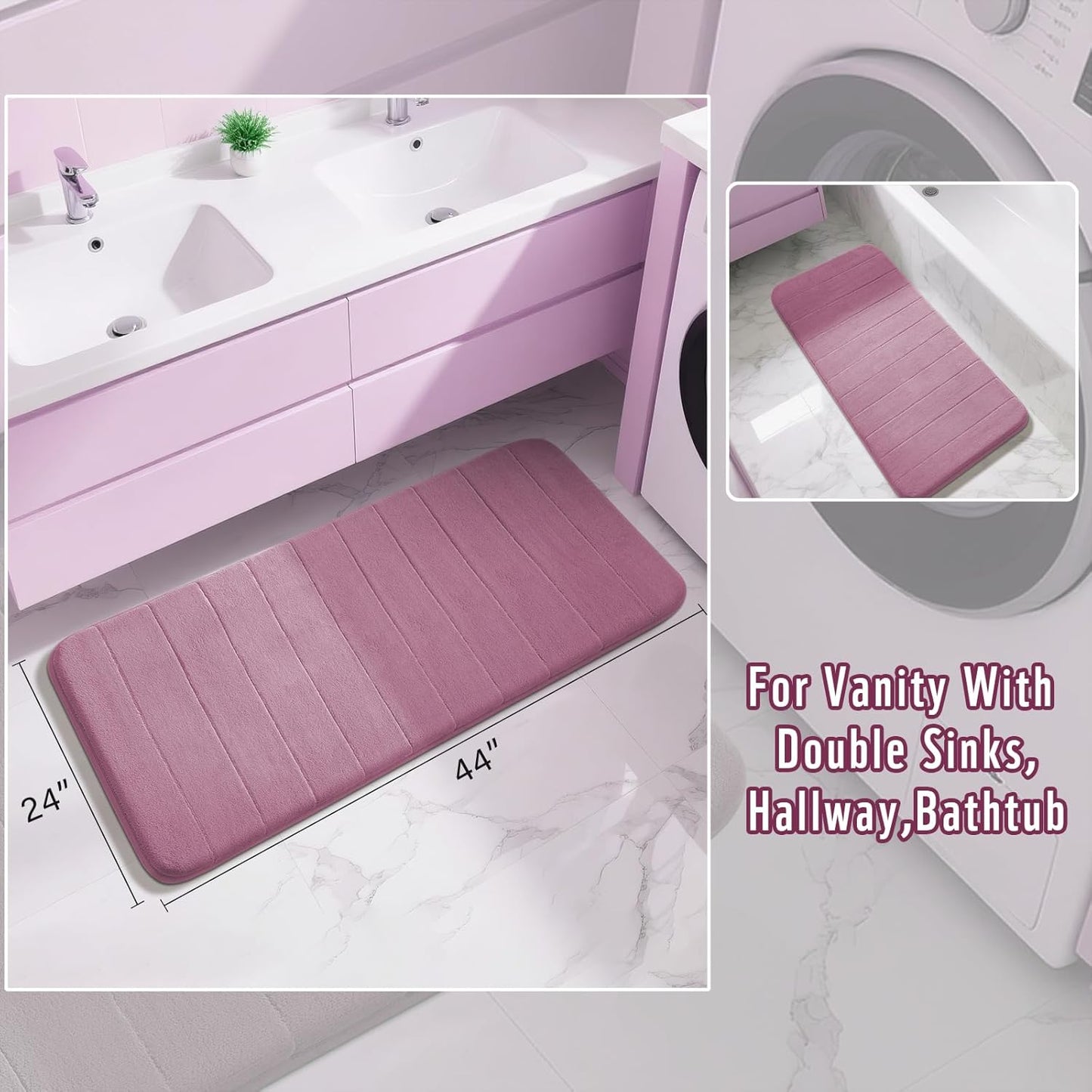 Yimobra Long Bath Mat 44"x24", Super Soft Quick Dry Memory Foam Bathroom Rug, Water Absorbent, Non Slip Backing Machine Washable for Tub Shower, Thick Comfort Support, Mauve