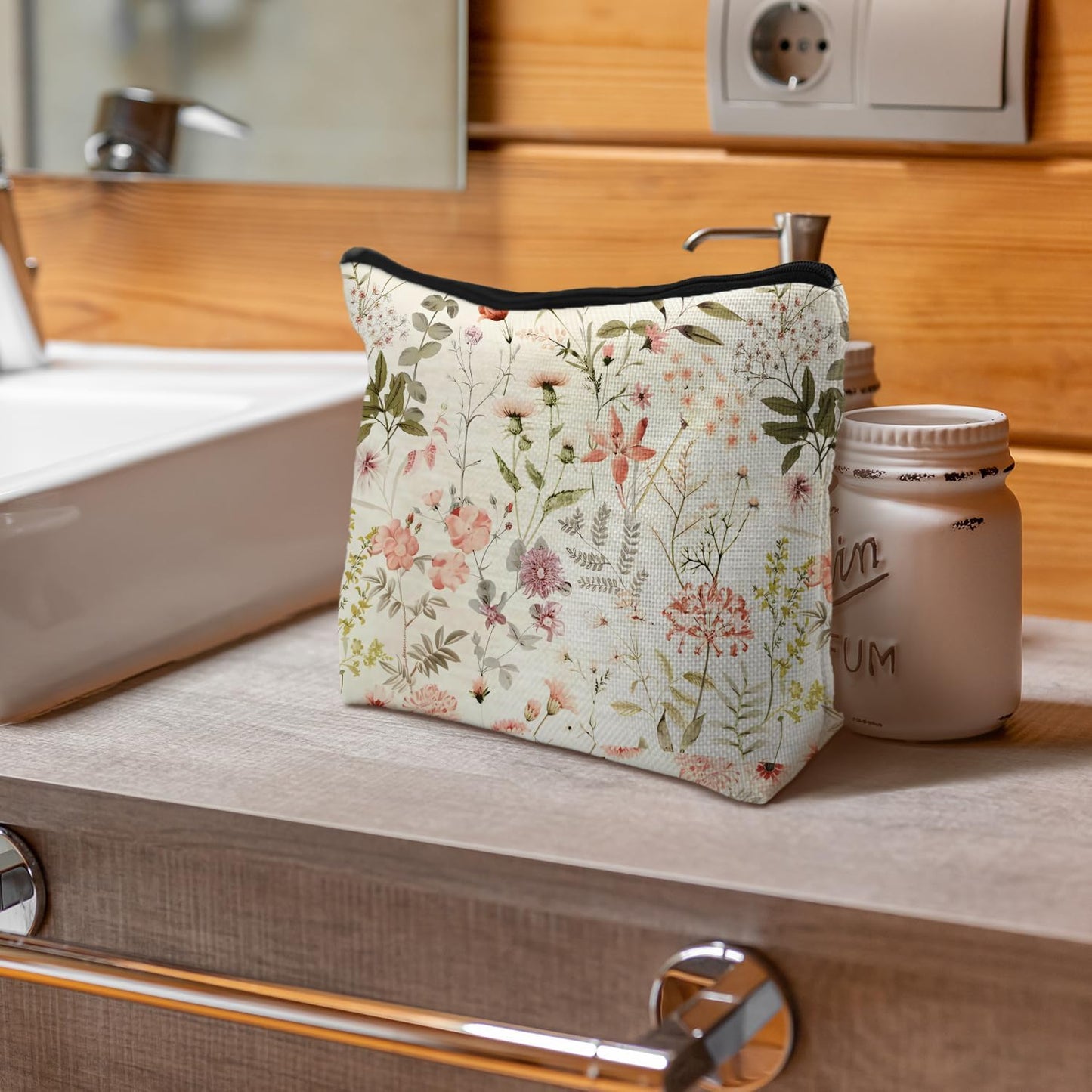 Floral Flower Makeup Bag, Cosmetic Bag for Women, Small Makeup Bag for Purse, White