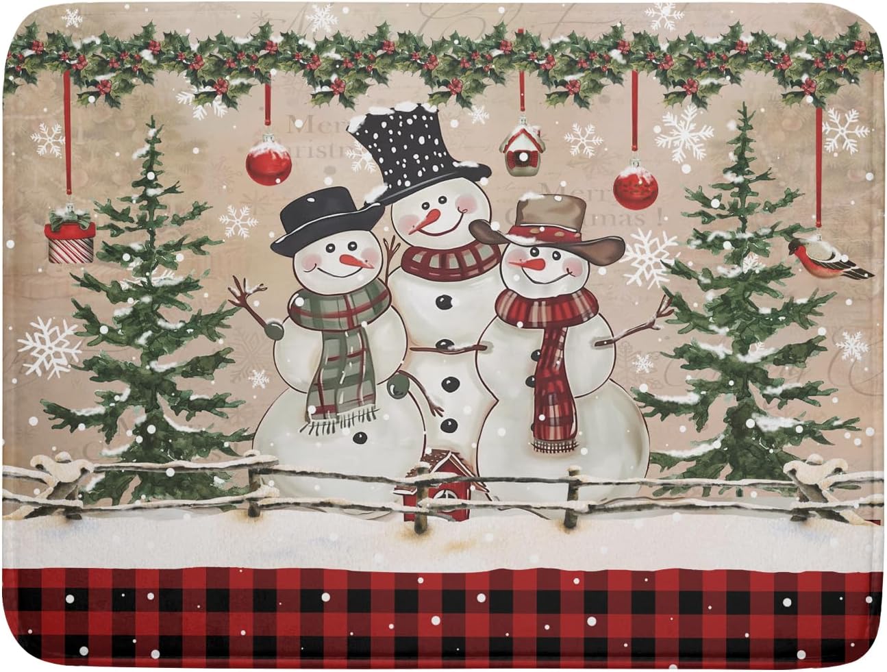 Winter Snowman Dish Drying Mat 18x24 Inch Red Buffalo Plaid Holiday Dish Drainer Mat Absorbent Dish Rack Pad for Kitchen Counter Sink Decor