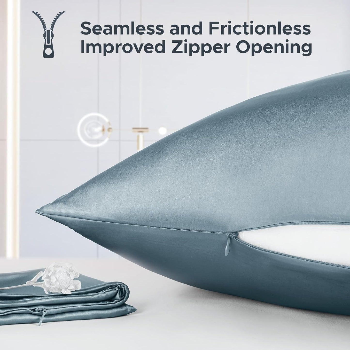 100% Pure Mulberry Silk Pillowcase for Hair and Skin - Allergen Resistant Dual Sides,600 Thread Count Silk Bed Pillow Cases with Hidden Zipper,1pc,King Size,Grey Blue