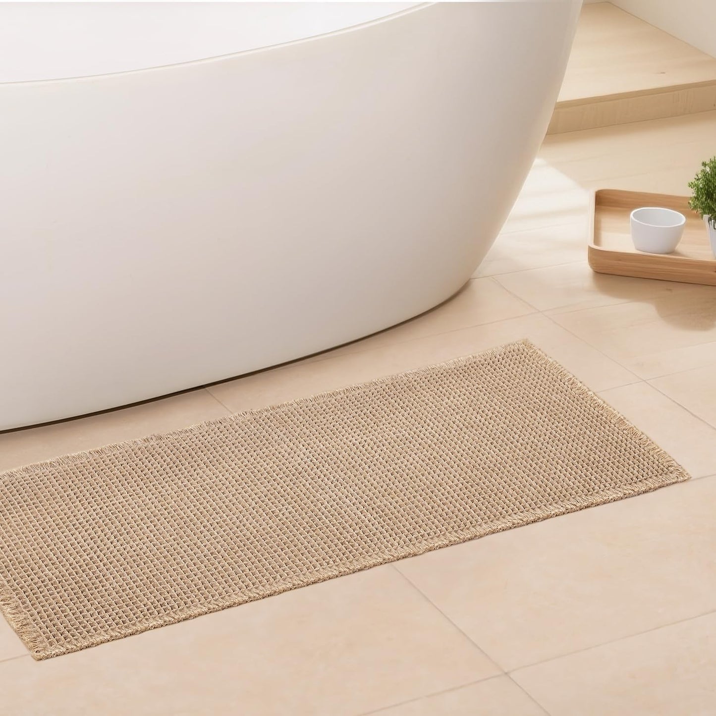 Waffle Runner Bath Mat - Long Boho Bathroom Rugs Non Slip Washable, Super Absorbent & Quick Dry, Soft Bath Mat Farmhouse Bathroom Decor, 24'' x 72'', Khaki