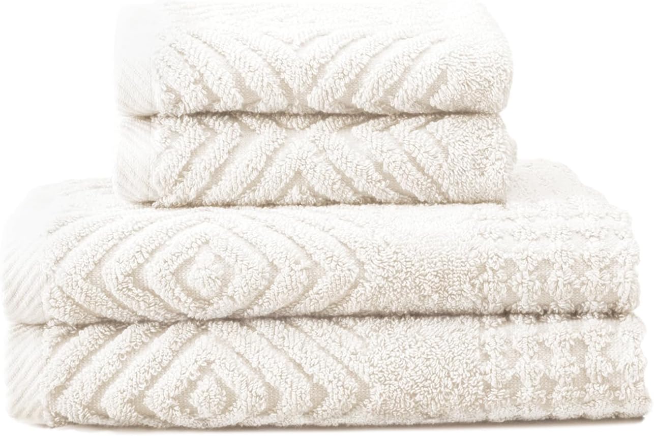 Texere 100% Organic Cotton Diamond Jacquard 700 GSM Luxury Bath Towel Sets - Ultra Soft and Absorbent Hotel and Spa Quality (Diamond, Cream, 2 Hand & 2 Face Towels)