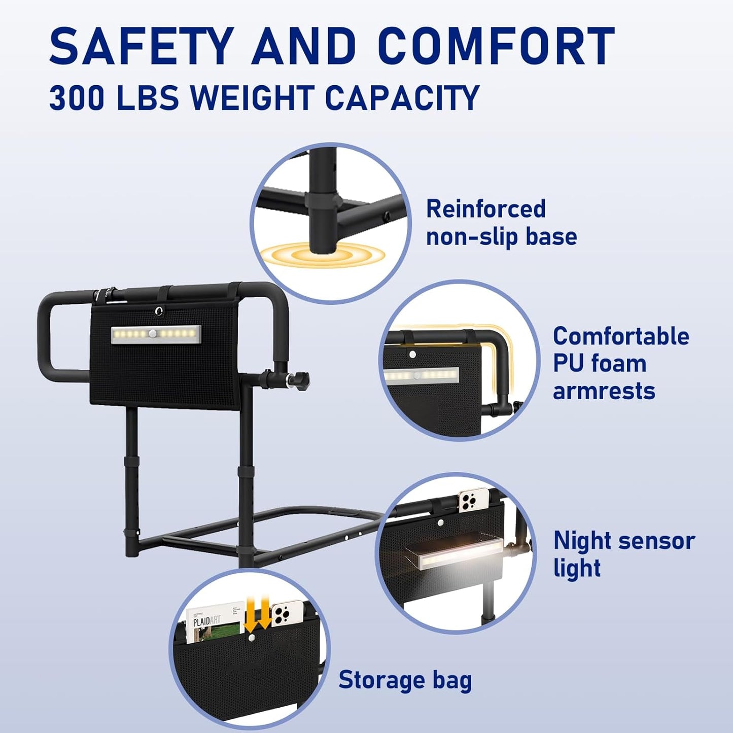 Foldable Bed Rails for Elderly Adults - 300 lbs Weight Capacity, 5-Level Height & 3-Level Arm Adjustment, Portable Bed Assist Rail with Night Light & Storage Bag, No-Drill Installation