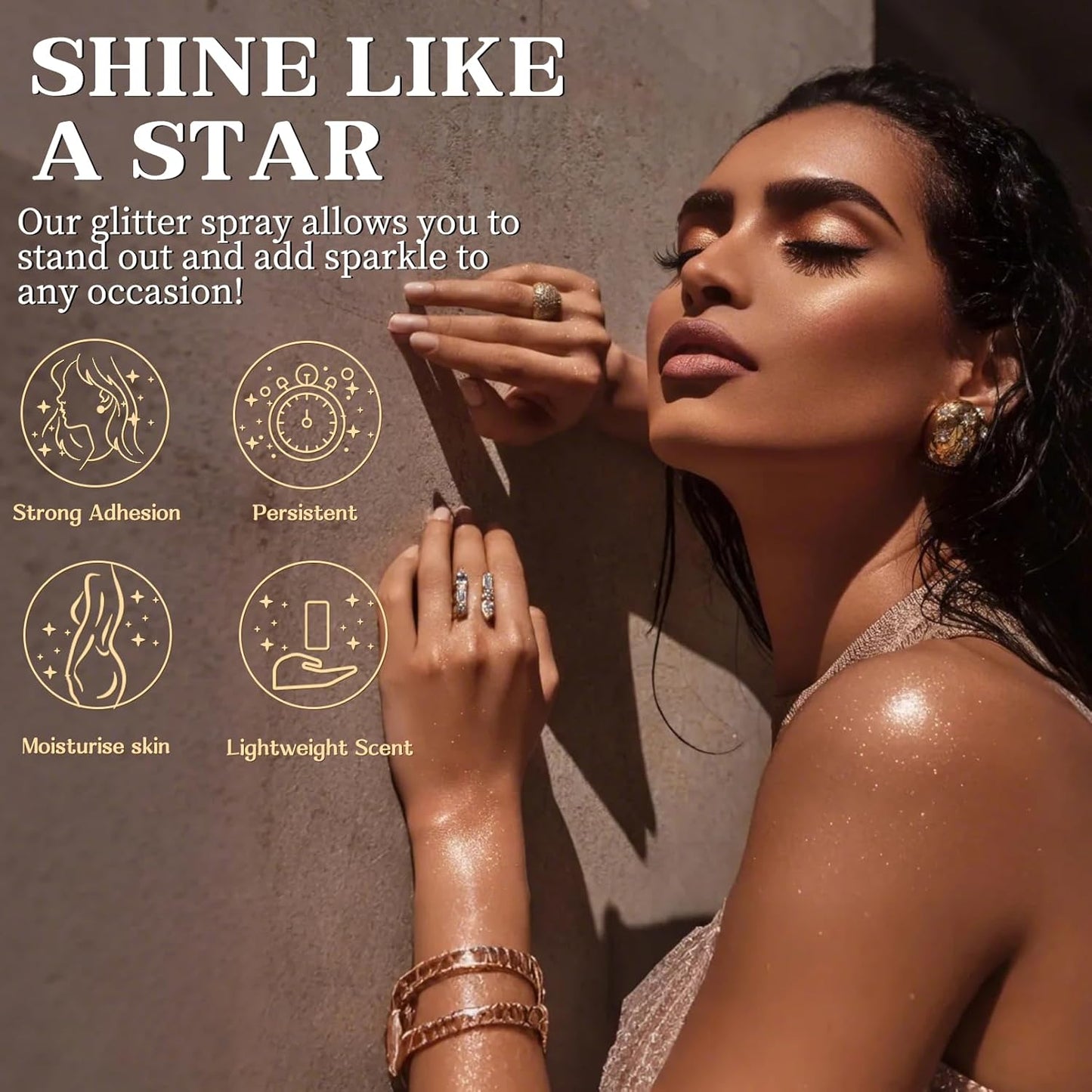 Glitter Spray for Hair and Body, Glitter Body Spray, Quick-Drying Waterproofing Body Shimmer Suitable for Festival Rave (Gold, 2.6 fl oz)