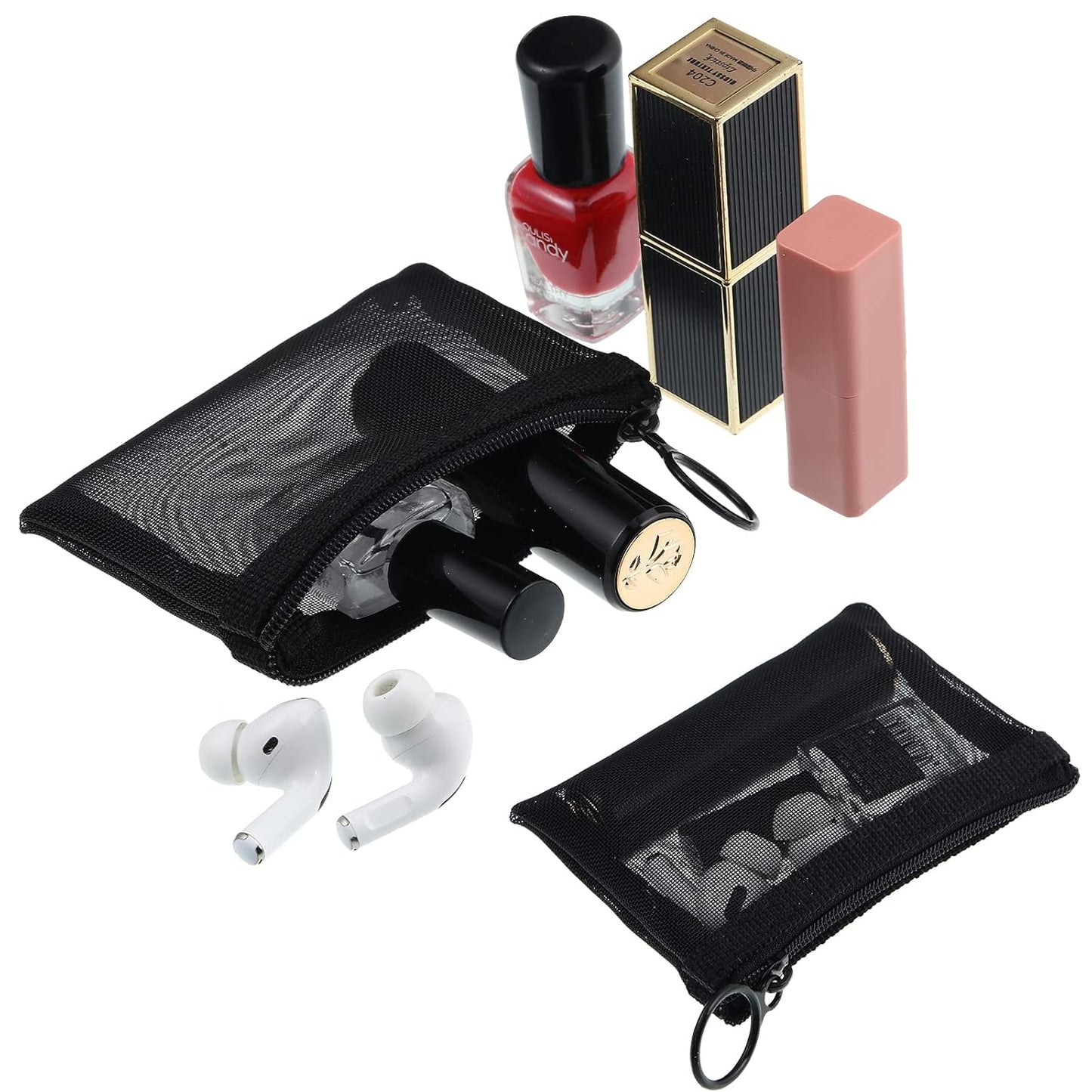 Frienda 10 Pcs Small Mesh Bags with Zipper Mini Zipper Mesh Bags Nylon Cosmetic Coin Purse Pouches Portable Reusable Storage Pouch with Keychain for Women Home Travel(3 x 4 Inch,Black)