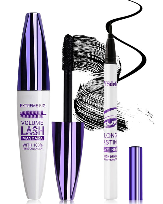 Black Mascara Liquid Eyeliner Set, Update Longlasting Waterproof Color Eye Liner Pen, 5D Silk Fiber Colored Mascara Volume and Length, Halloween Party Stage Use Eye Makeup Gift Kit for Women Girl-01