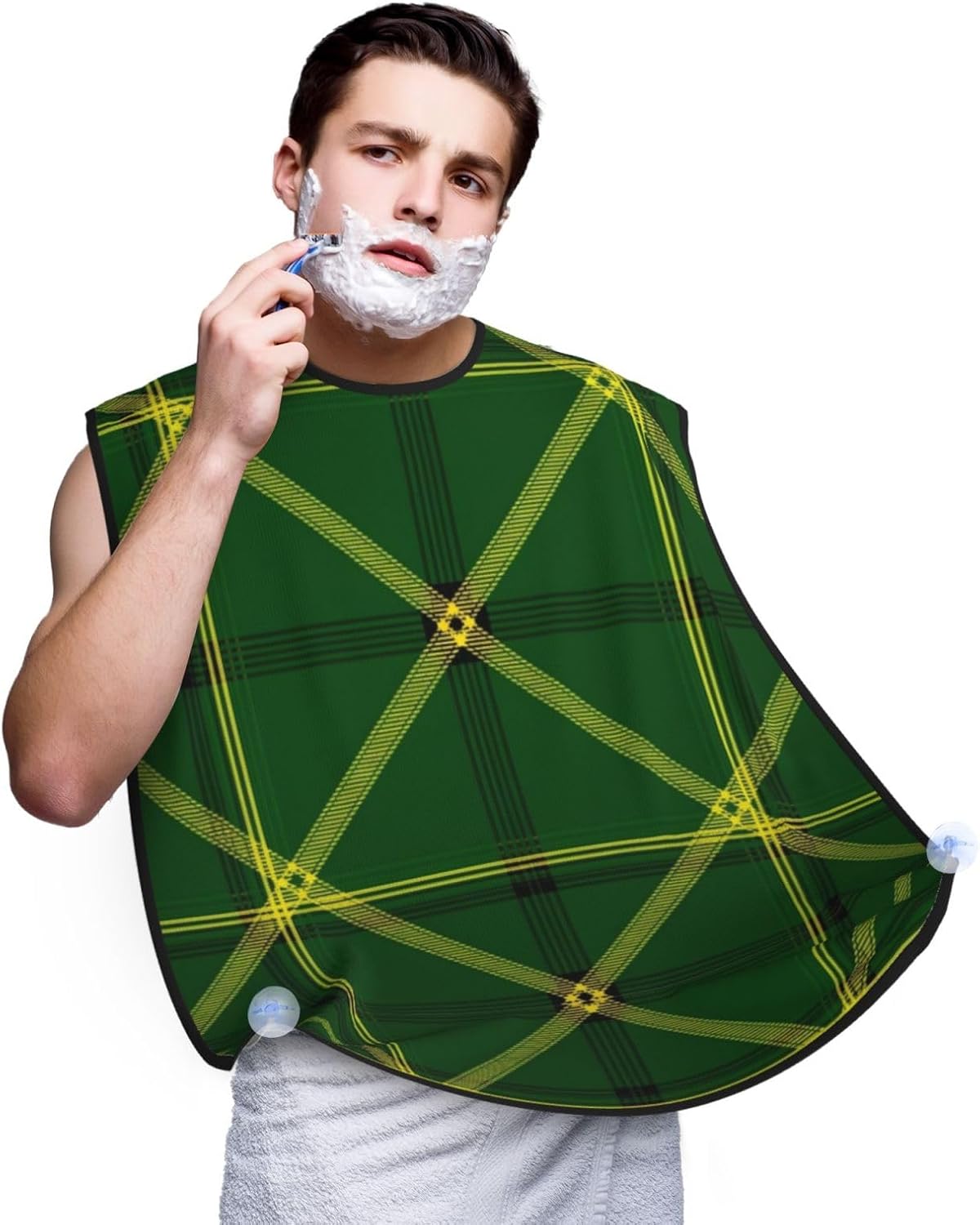 Beard Hair Catcher Bib, Waterproof Non-Stick Grooming Apron for Shaving Trimming, Perfect for Men Dad, Green Scottish Tartan Plaid Shave Bib