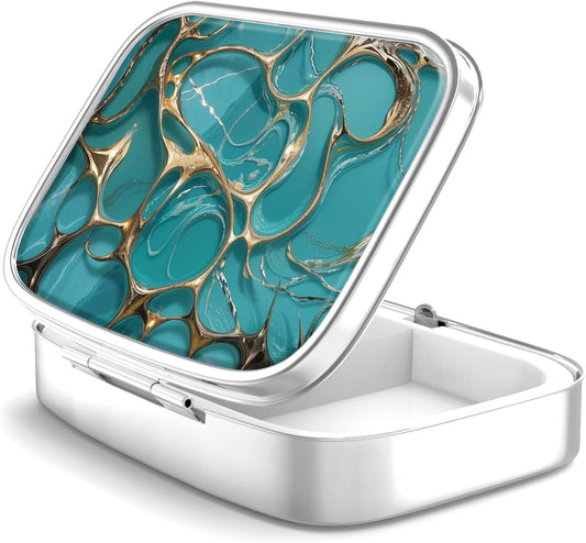 Pill Box 2 Compartment Small Pill Case,Portable for Pocket or Purse Pill Organizer Pill Container Holder to Hold Vitamins, Medication, Fish Oil and Supplements(Turquoise Green Marble)