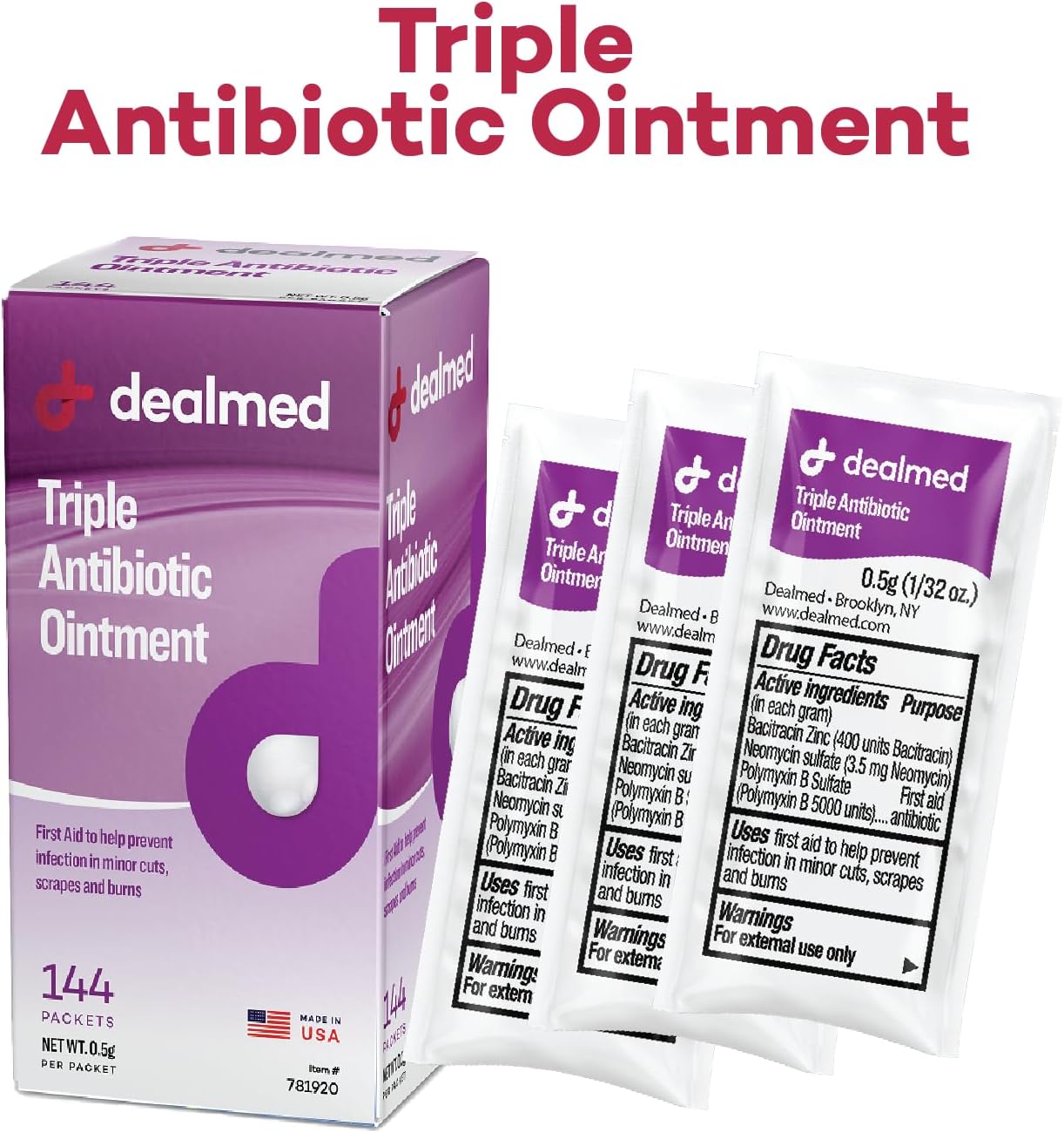 Dealmed Triple Antibiotic Ointment – Made in The USA, Single-Use Packets for Instant Relief from Cuts, Scrapes and Burns, 144 Packets/Box (.5g) - Case of 12
