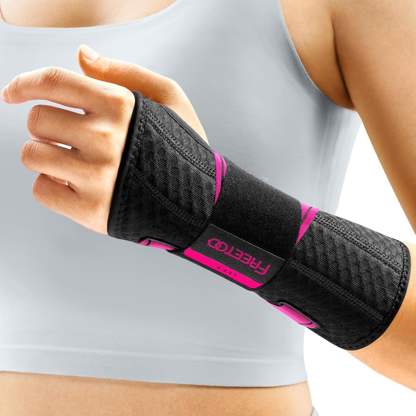 FREETOO Carpal Tunnel Wrist Brace Night Support Fit Left Hand for Work, Pain Relief Wrist Splint for Tendonitis, Sprain, Strain, Rigid Hand Brace for Arthritis for Women & Men (Left, XS, Black/Pink)
