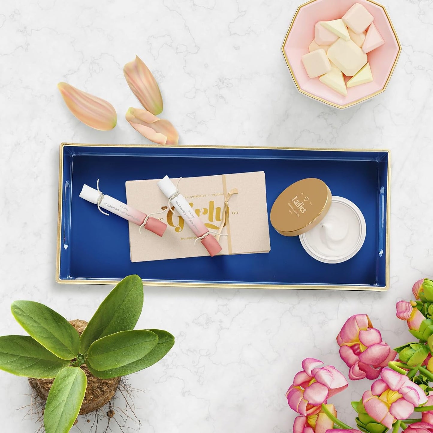 Blue Bathroom Vanity Tray for Countertop, Small Plastic Toilet Tank Versatile Storage & Organization Tray for Makeup, Perfume, Desk, Kitchen, Candles, 13.7"x6"x1.4", 35HB