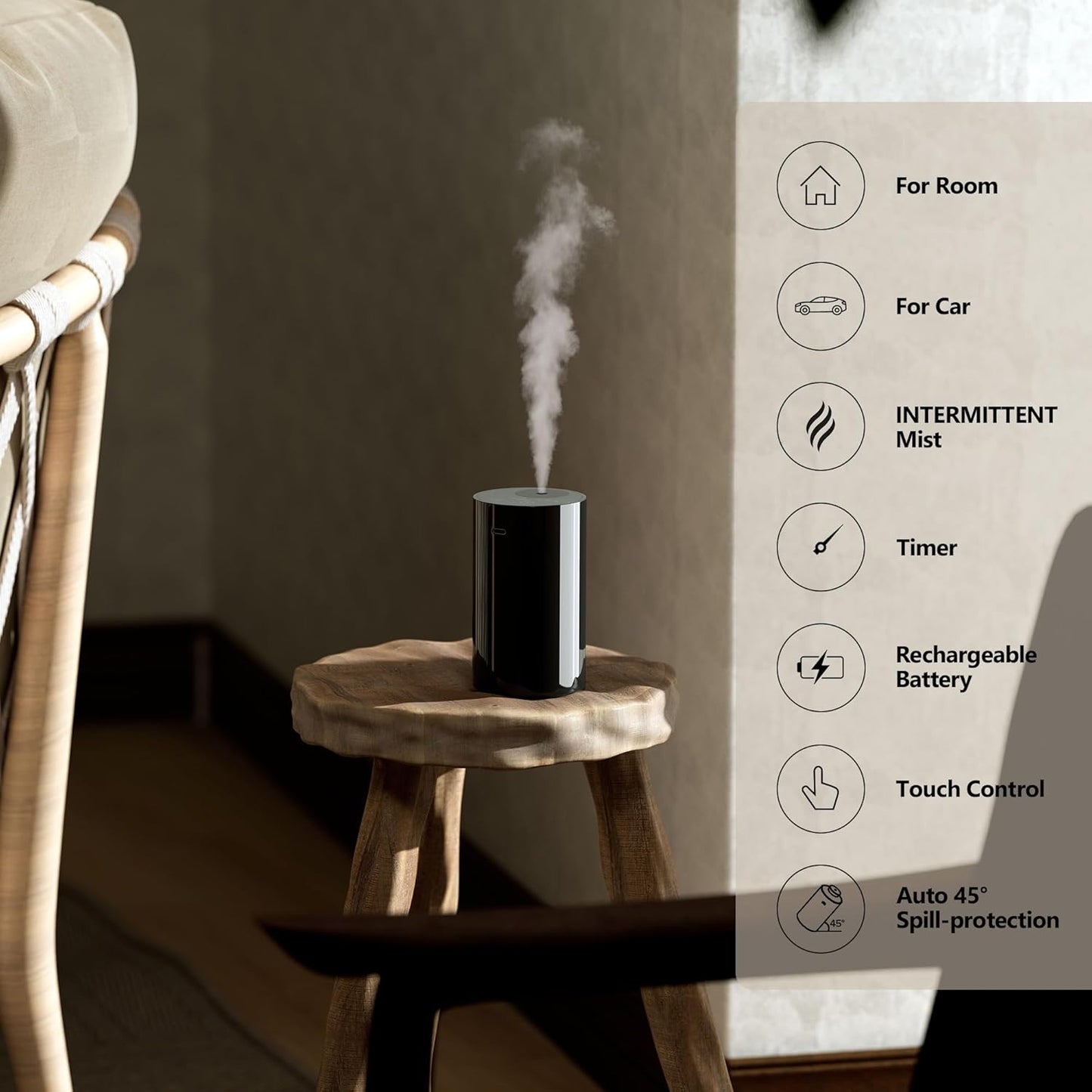 Airversa Waterless Diffuser for Essential Oil, Battery Operated Nebulizer, 0.7 Fl.Oz./ 20mL Capacity, Mini Scent Air Machine, 3 Countdown Timers & 3 Mist Levels for Home Room Car Office - AN8 Black