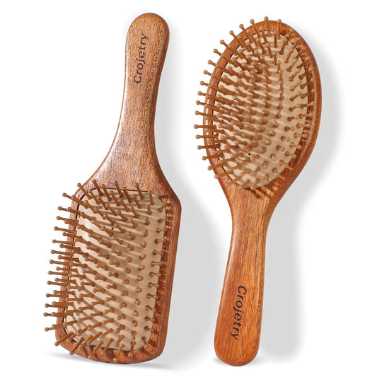 2-Piece Bamboo Hair Brush Set for Hair Growth (Oval & Square) - Natural Wooden Scalp Massage Brush with Bamboo Bristles,Detangling Hairbrush for Women,Men,All Hair Types - Ergonomic Handle