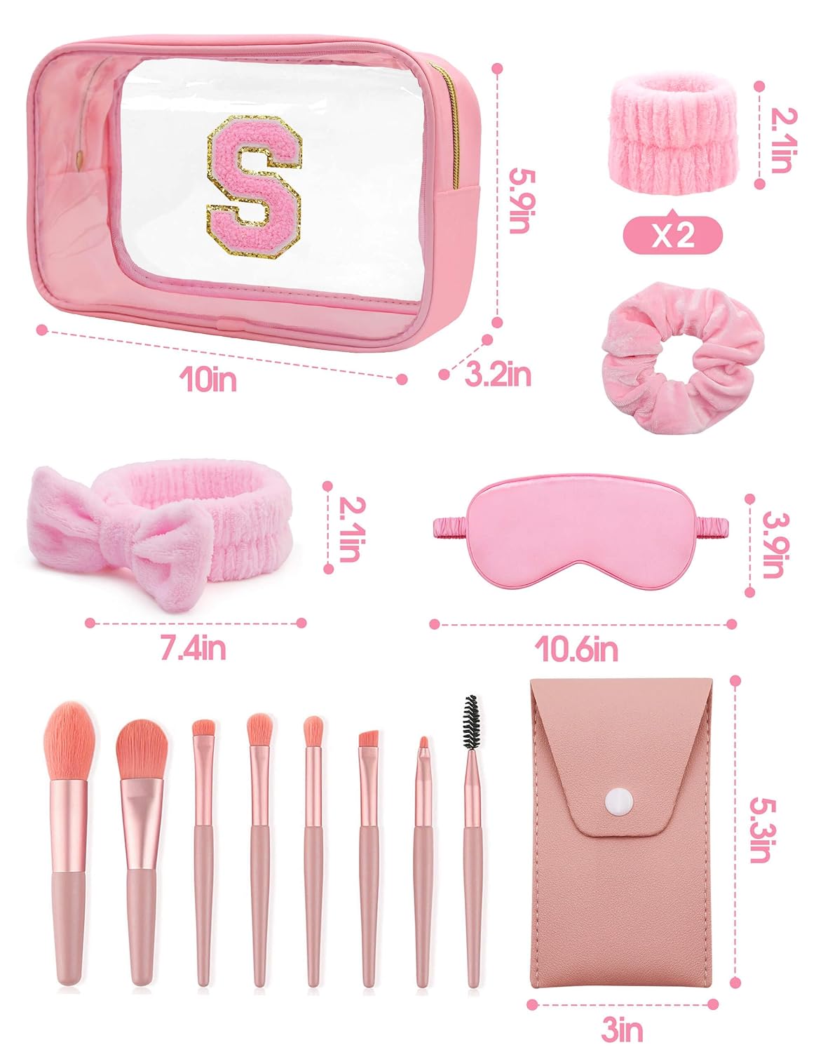 Gift Sets for Women, Initial Makeup Bag with Makeup Brush Set Bachelorette Party Favors, Pink Spa Kit with Skincare Headbands Wrist Bands Sleepover Party Supplies Gifts for Teen Girls Bridesmaid S