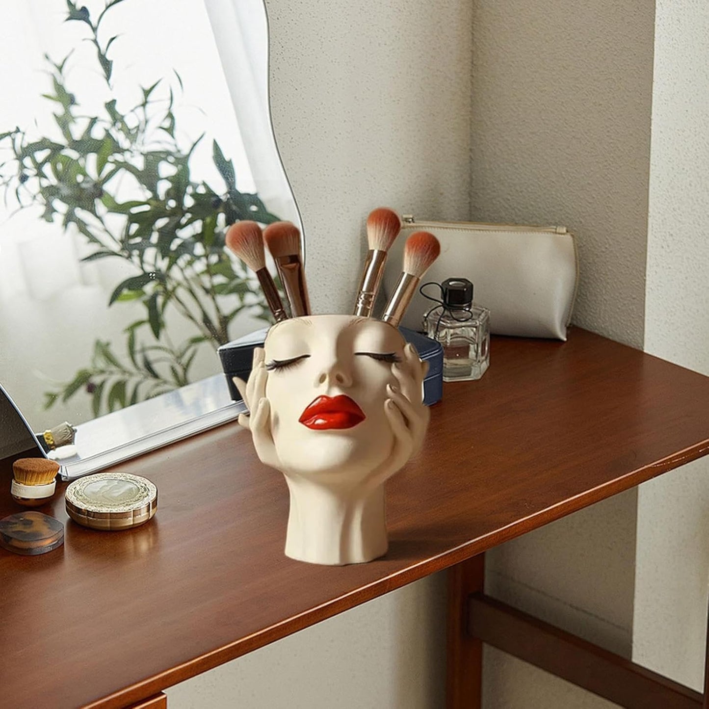 Makeup Brush Organizer, Boho Women Head Shape Sculpture, Modern Desk Decor Pen Holder, White Female Face Vase Bookshelf Decor, Office Shelf Organizer for Vanity, Living Room, Home (Beige 4)
