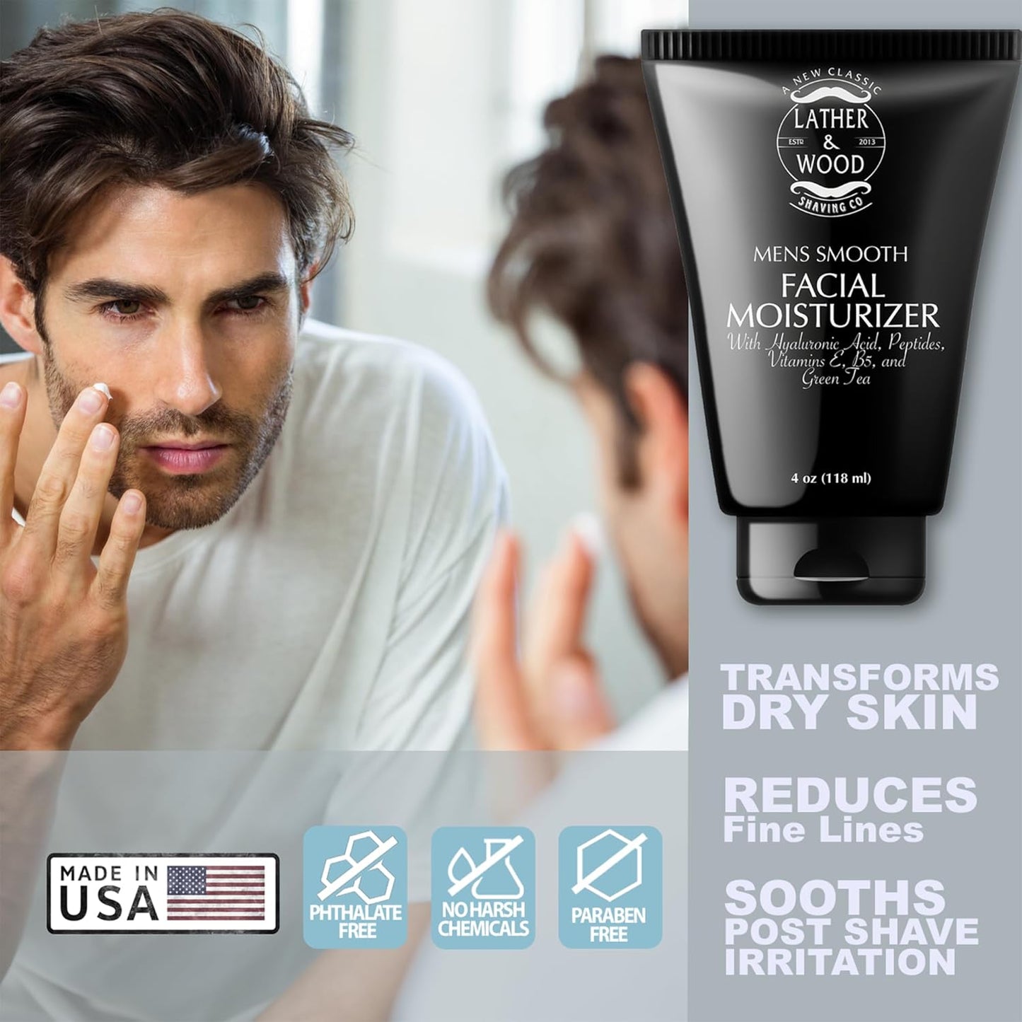 Face Moisturizer for Men - Lather & Wood's Luxurious Sophisticated Face Lotion for the Regular Guy. Fragrance-Free Facial Cream for Men. (Unscented, 4 ounce)