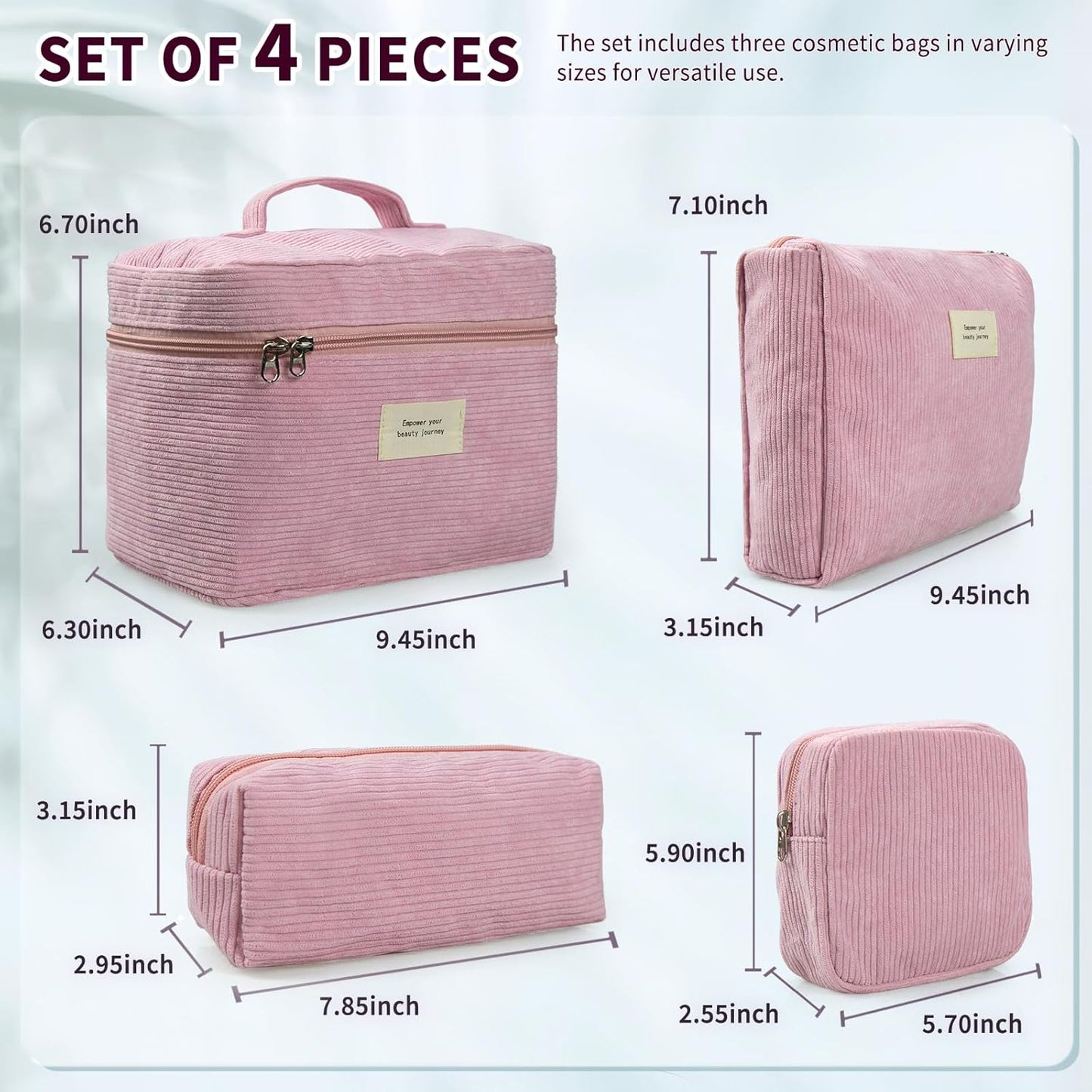 4 Pcs Makeup Bag for Women Corduroy Cosmetic Bag Aesthetic Cute Bags Multi Size Purse Pouch Travel Toiletry Bag Set Makeup Organizer with Zipper(Pink)