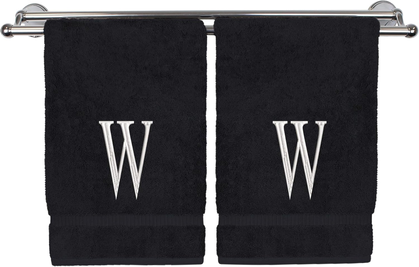 Monogrammed Hand Towel, Personalized Initial Gift, Extra Absorbent 100% Turkish Cotton - Soft Terry Finish - Set of 2 - White Block Initial W - Embroidered on Black Towels