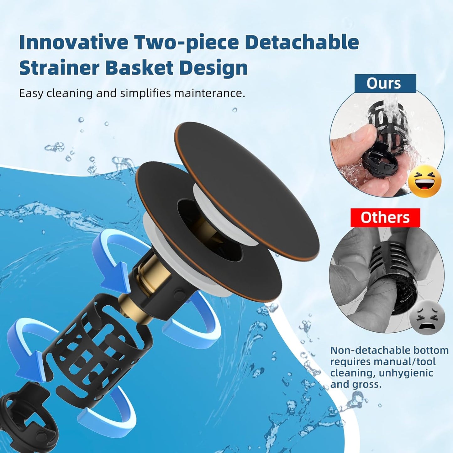 Hibbent 2 Pack 3 in 1 Bathroom Sink Drain Strainer, Pop Up Sink Stopper with Big Push Cap, Anti-Clogging Metal Filter Basket,Sink Plug with Hair Catcher for 1.1''~2.36'' Basin, Oil-Rubbed Bronze