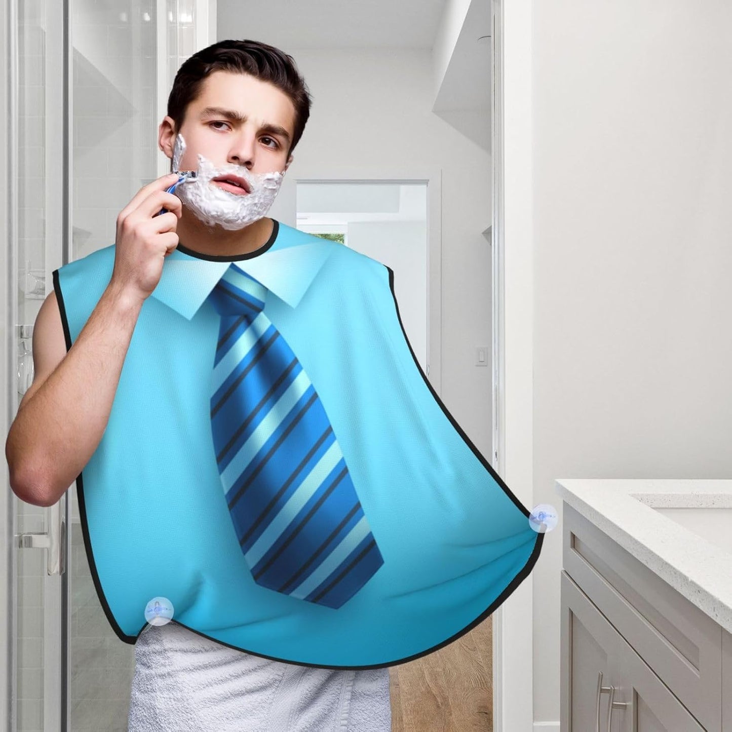 Blue Tie Beard Bib Apron, Beard Hair Catcher For Men Shaving, Waterproof With Suction Cups