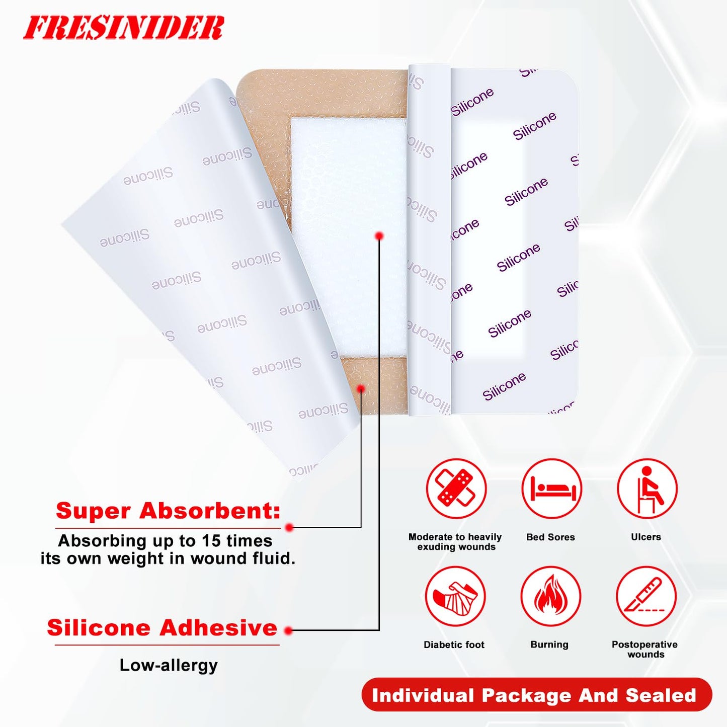 FRESINIDER Silicone Foam Dressing with Adhesive Border – Wound Dressing Bandage – Silicone Foam Pad – Pack of 5 – 5 x 5 Inches Large Waterproof Bandages – Self Adhesive Wound Care and Dressings