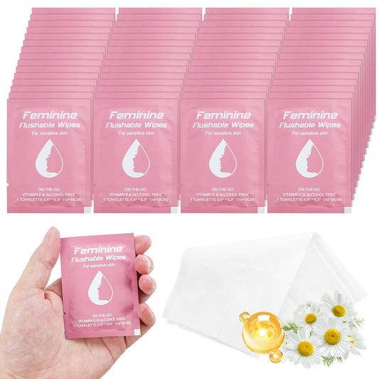 50 Feminine Wipes Flushable Travel Individually Wrapped,Travel Wipes for Women,Feminine Care Wet Wipes Travel Size Vaginal Wipes for Adult, Girl and Homeless
