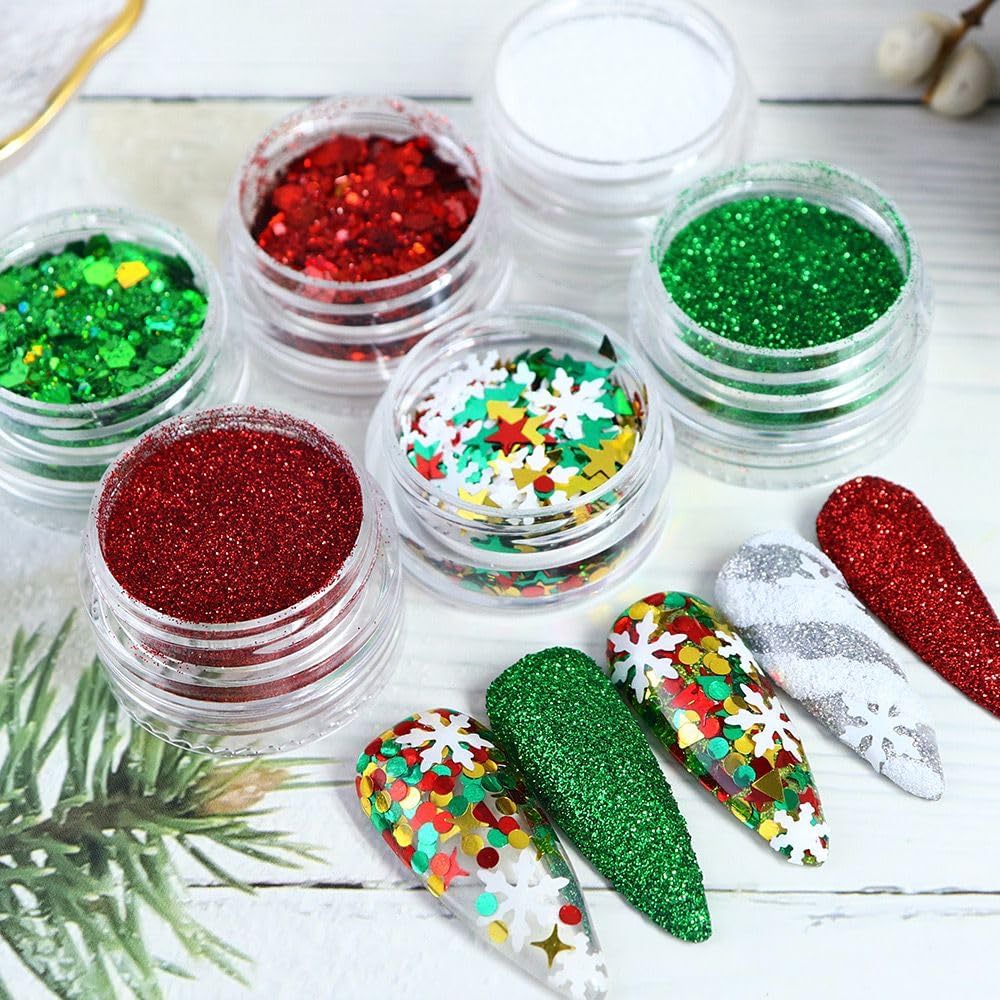 12 Grids Christmas Nail Sequins Glitter Powder 3D Snowflake Xmas Tree Glitter Flake Nail Art Design Winter Nail Supplies Decorations Charms Nails Art Stickers for Women DIY Manicure
