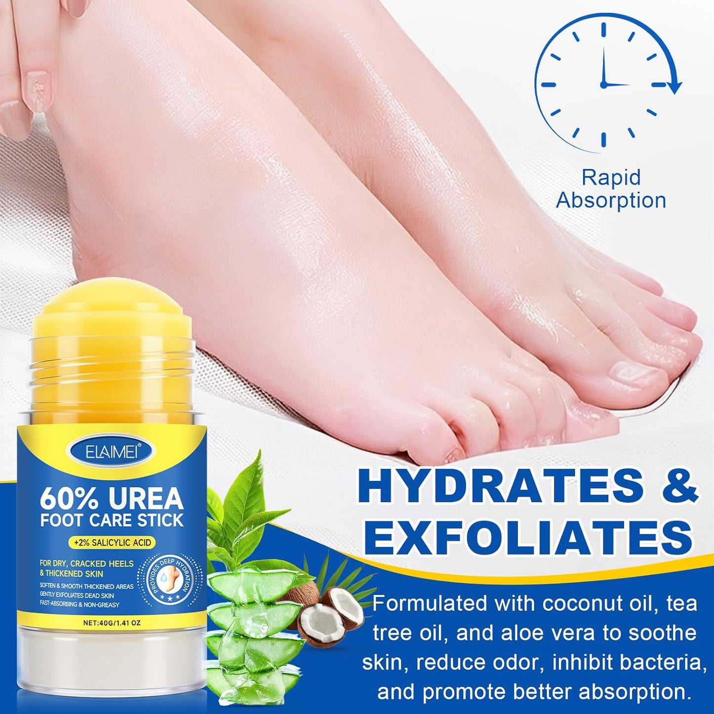 Urea Cream Stick 60% plus 2% Salicylic Acid,urea cream percent for feet maximum strength,Foot Lotion Stick for Cracked Heels,Dry Hands & Rough Knees,Callus Remover & Skin Softener, Soften Dead (1)