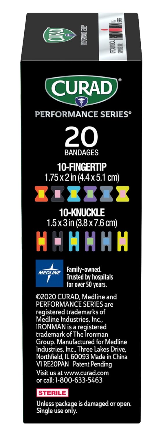CURAD Performance Series IRONMAN Antibacterial Bandages, Extreme Hold Adhesive Technology, Finger & Knuckle Bandages, Flexible Fabric, Variety Pack with Assorted Sizes & Colors, 20 Count