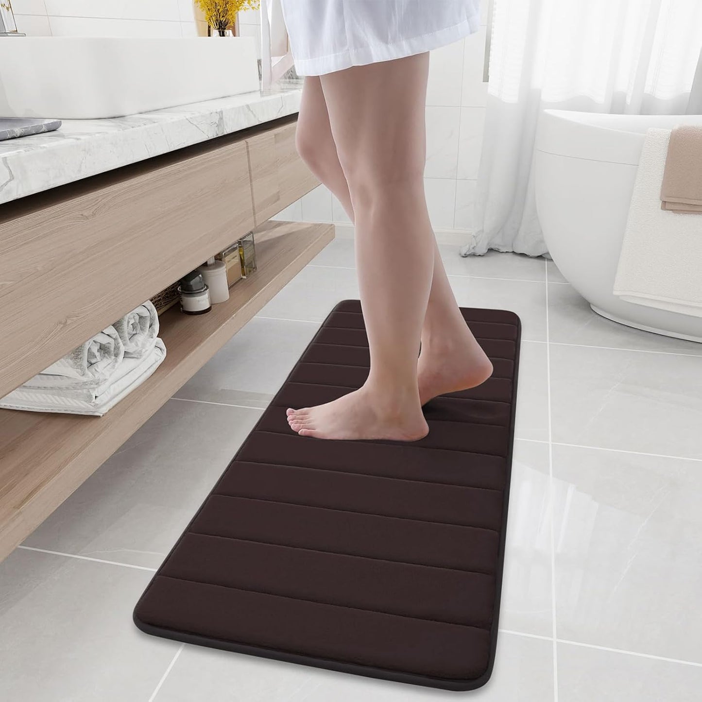 Buganda Memory Foam Bath Mat, 47" x 17", Ultra Soft and Non-Slip Bathroom Rugs, Water Absorbent and Machine Washable Bath Rug Runner for Bathroom, Shower, and Tub, Brown