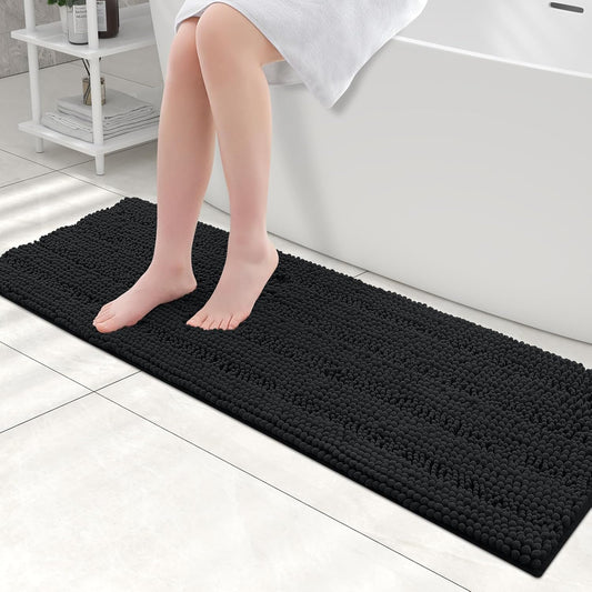 Grandaily Chenille Striped Bathroom Rugs 47x17, Extra Thick and Absorbent Bath Mats, Non-Slip Soft Plush Shaggy Shower Carpet, Machine Wash Dry, Bath Rug for Bathroom, Black