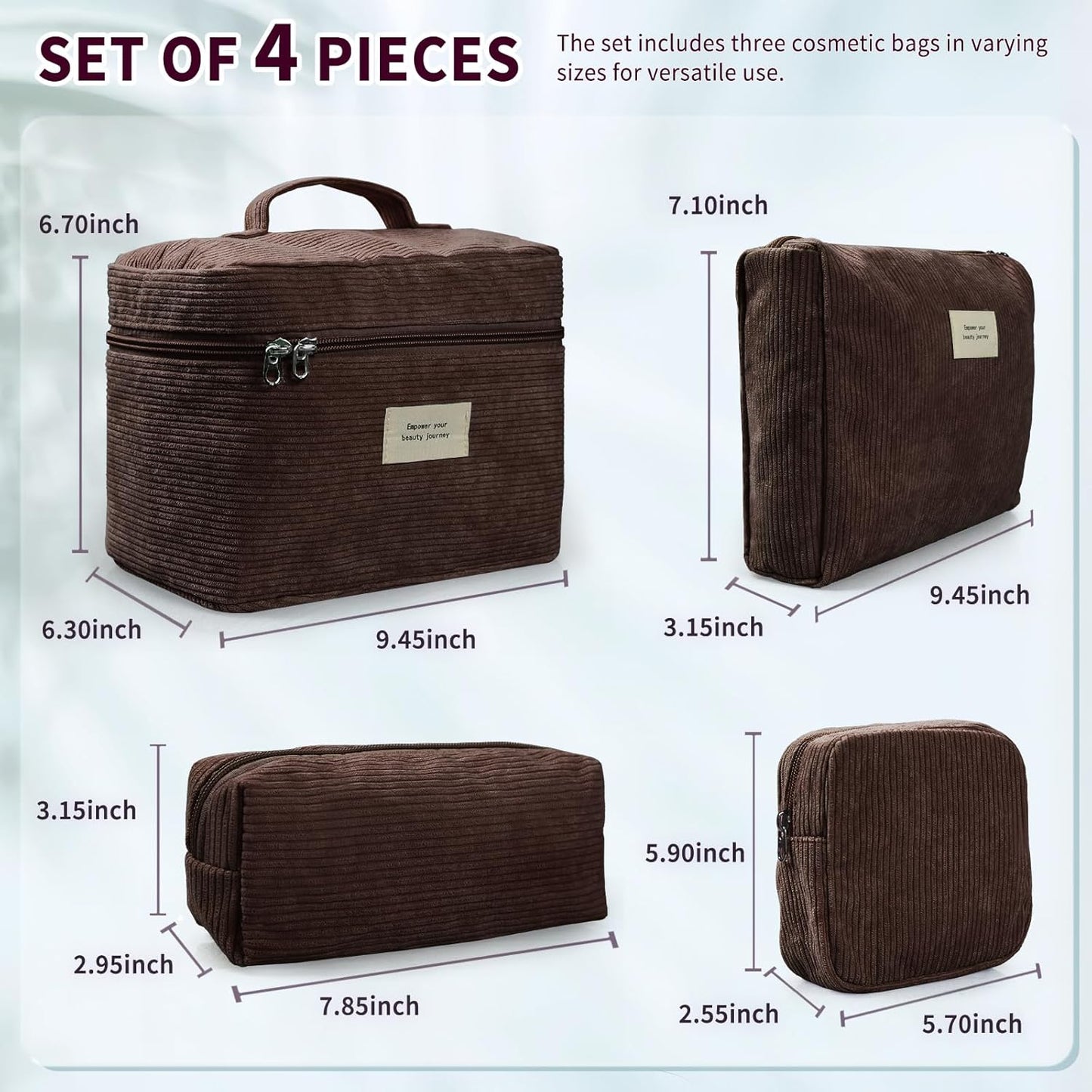 4 Pcs Makeup Bag for Women Corduroy Cosmetic Bag Aesthetic Cute Bags Multi Size Purse Pouch Travel Toiletry Bag Set Makeup Organizer with Zipper(Brown)
