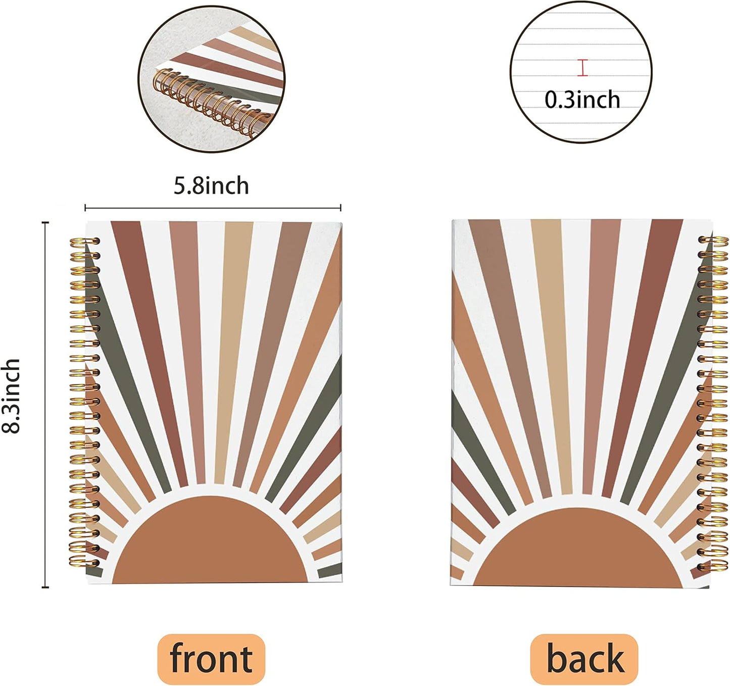 VNWEK Boho Sun Sunrise Sunset Colorful Sunshine Spiral Notebook Journal 5.5×8.3 Inch,Boho Mid-Century Modern Art Lined Hardcover Spiral Notebook for Work Notes Journaling,Boho Gifts for Women Girls