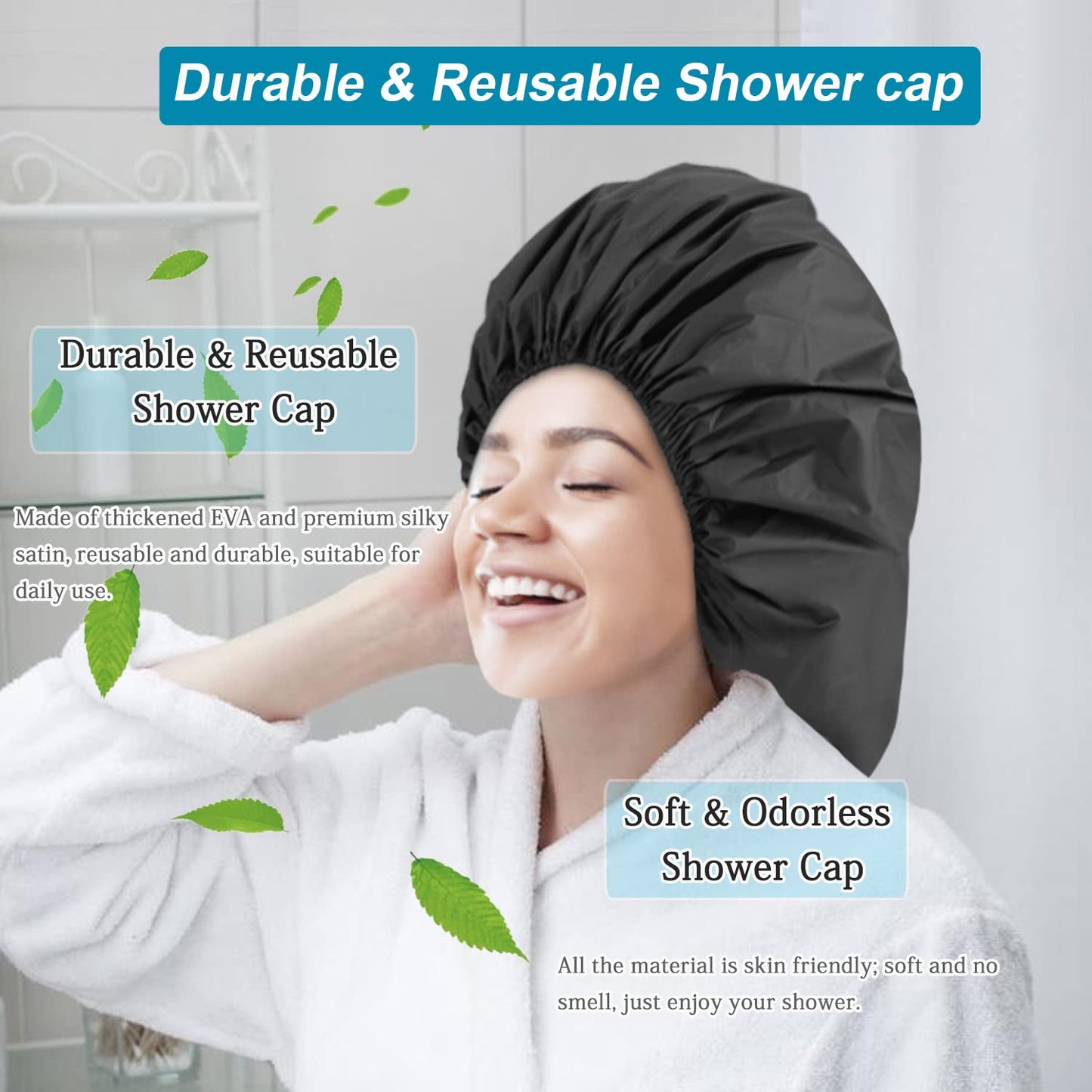 3 Pcs Super Jumbo Adjustable Satin Lined Shower Caps for Long Hair & Braids, Extra Extra Large Shower Cap for Women & Men, XXL Shower Cap with Waterproof Edge for Dreadlocks, Locs (Black)