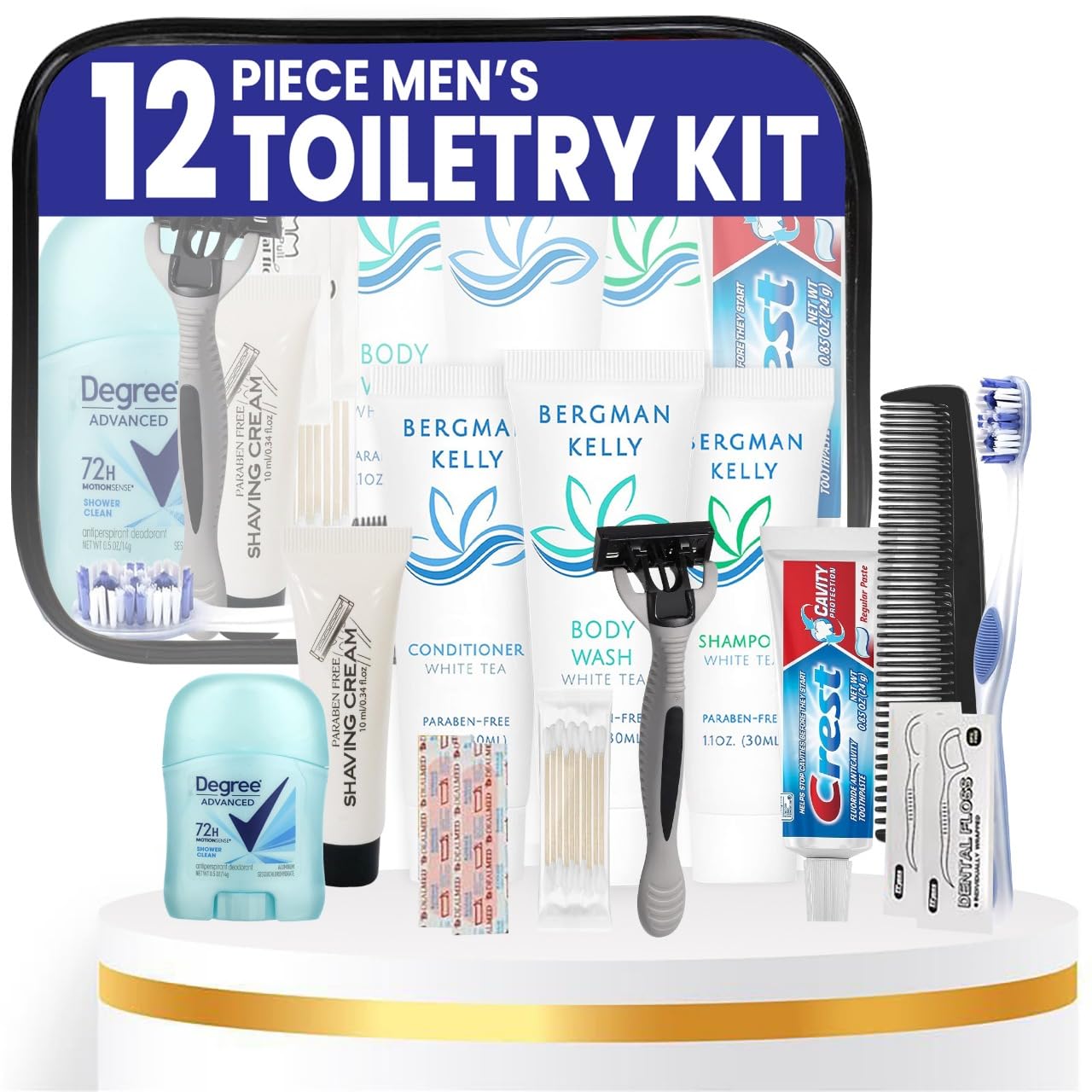 Trektote Bulk Hygiene Kit For Men – (50 Pack) 12 Piece Set Of Travel Size Toiletries, TSA Compliant, Bulk Travel Essentials, Includes Shampoo And Conditioner, Body Wash, Toiletry Bag & More