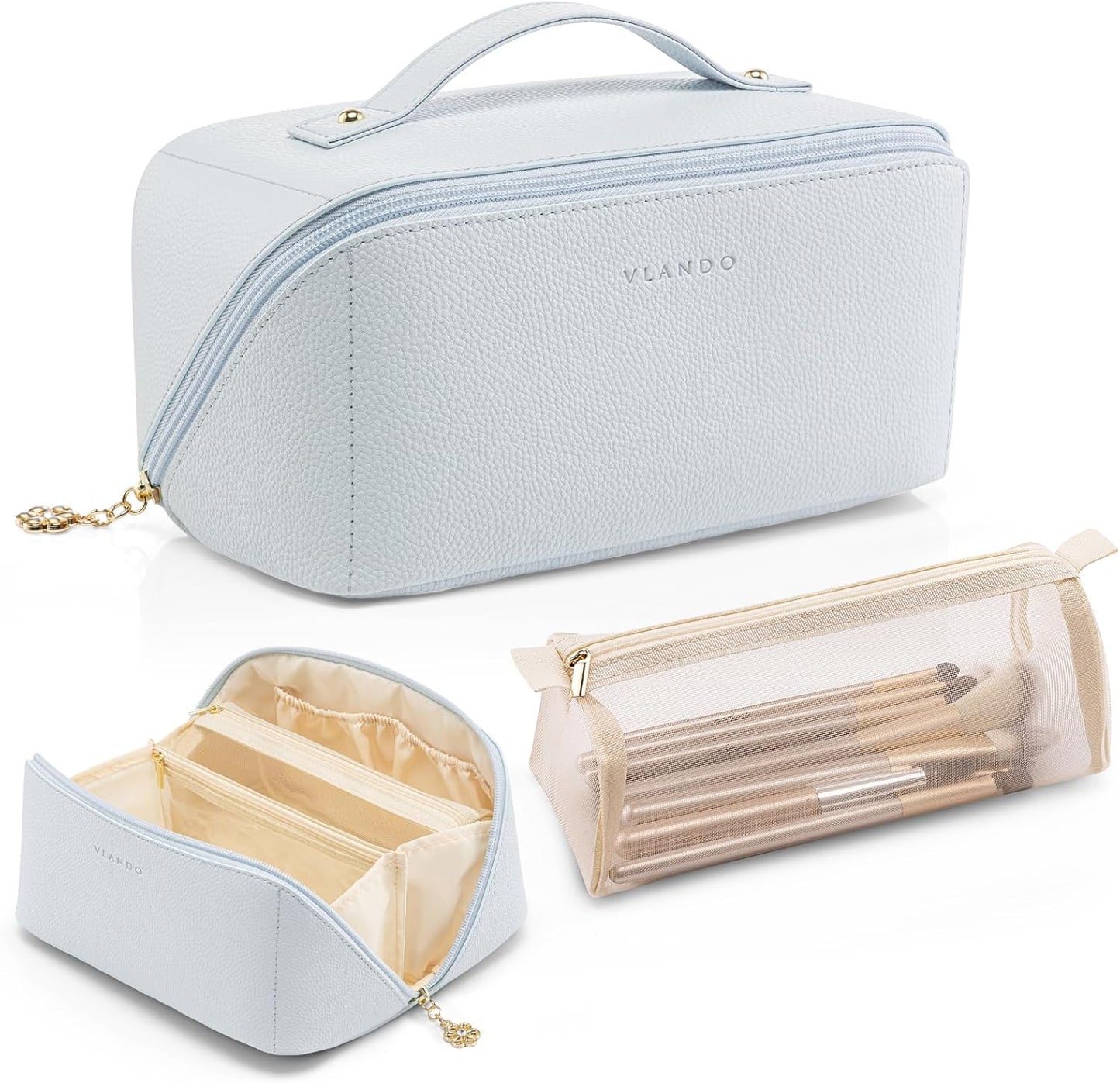 Vlando Makeup Bag,Large Capacity Toiletry Bag for Women Waterproof Portable Make up Pouch PU Leather Open Flat Cosmetic Bag(Baby Blue)